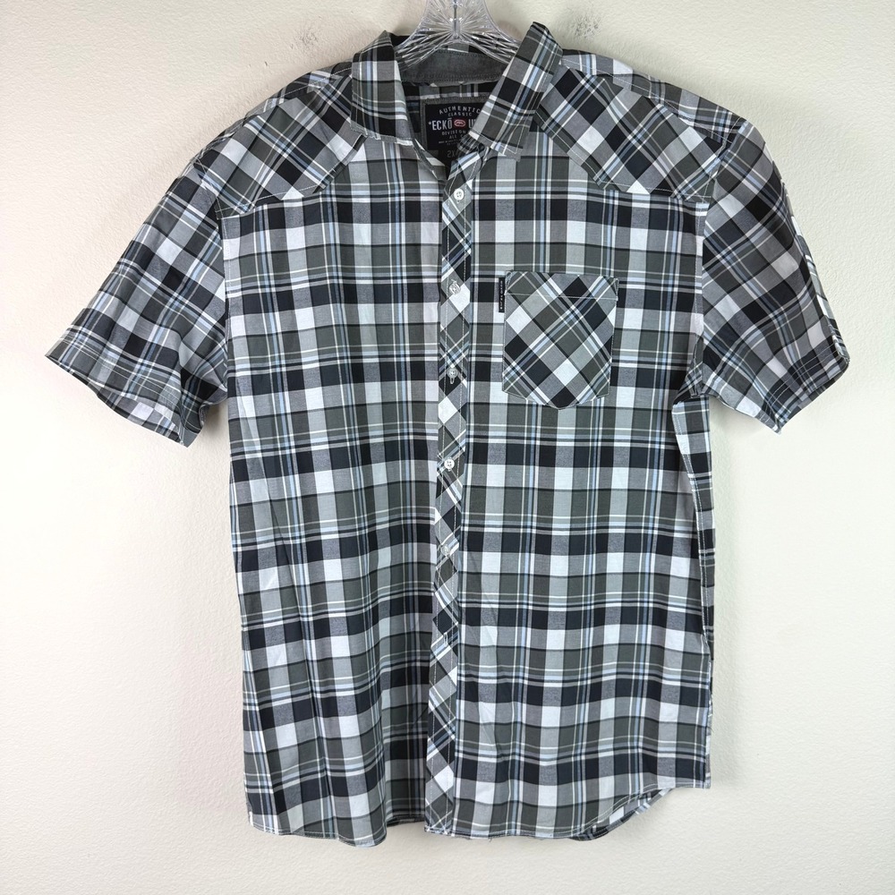 Ecko Unltd Button Up Mens 2XL Plaid Western Yoke Short Sleeve Casual Shirt Black